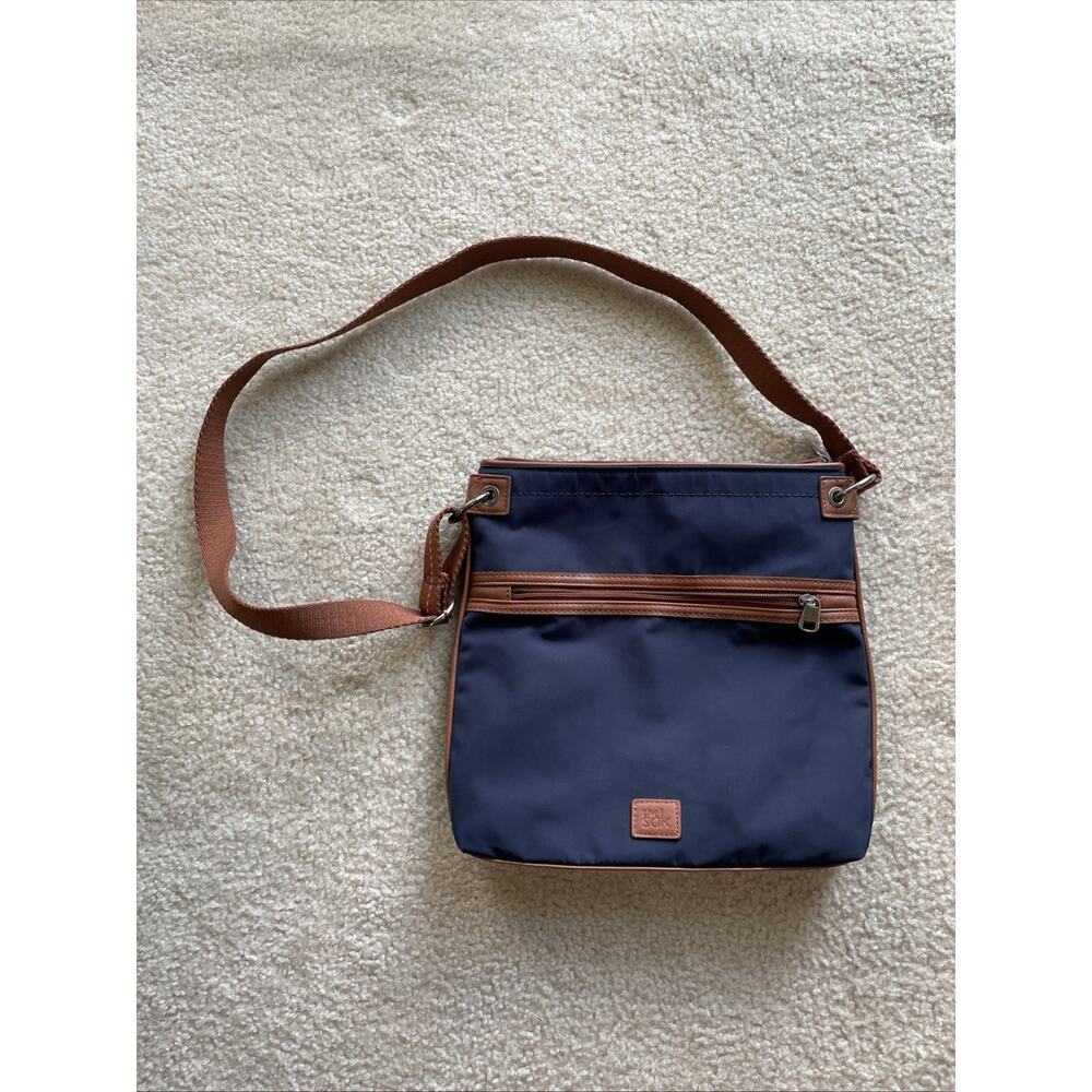 The Sak Esperato Flat Crossbody Blue w Brown Preowned Excellent